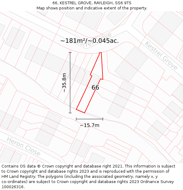 66, KESTREL GROVE, RAYLEIGH, SS6 9TS: Plot and title map