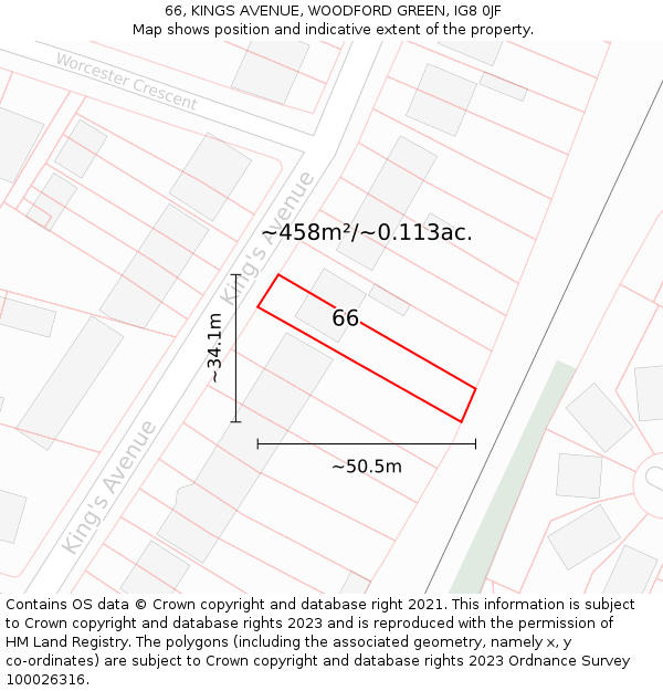 66, KINGS AVENUE, WOODFORD GREEN, IG8 0JF: Plot and title map
