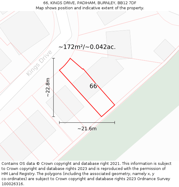66, KINGS DRIVE, PADIHAM, BURNLEY, BB12 7DF: Plot and title map