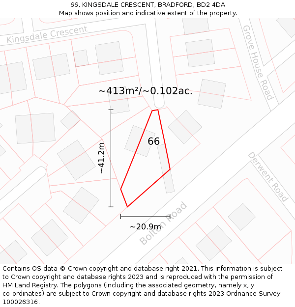 66, KINGSDALE CRESCENT, BRADFORD, BD2 4DA: Plot and title map