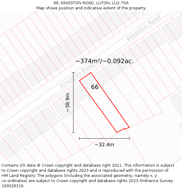 66, KINGSTON ROAD, LUTON, LU2 7SA: Plot and title map