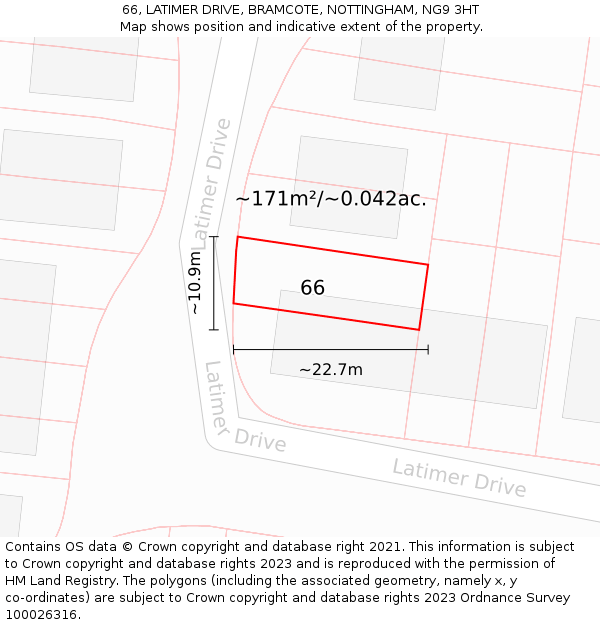 66, LATIMER DRIVE, BRAMCOTE, NOTTINGHAM, NG9 3HT: Plot and title map