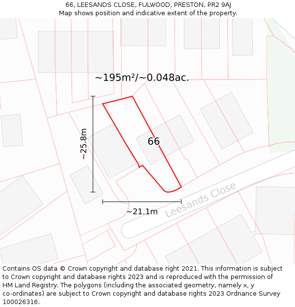 66, LEESANDS CLOSE, FULWOOD, PRESTON, PR2 9AJ: Plot and title map