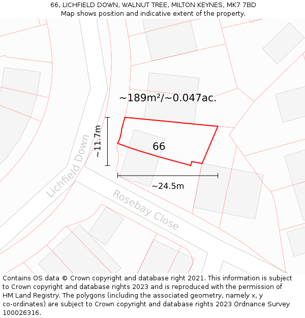 66, LICHFIELD DOWN, WALNUT TREE, MILTON KEYNES, MK7 7BD: Plot and title map