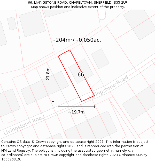 66, LIVINGSTONE ROAD, CHAPELTOWN, SHEFFIELD, S35 2UF: Plot and title map