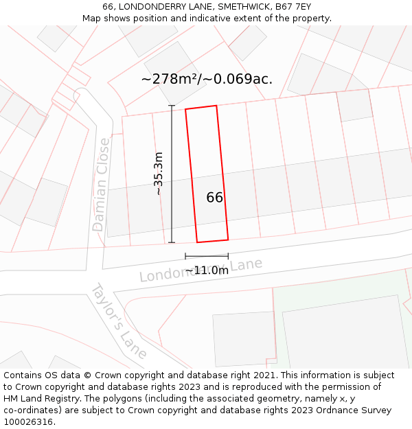 66, LONDONDERRY LANE, SMETHWICK, B67 7EY: Plot and title map