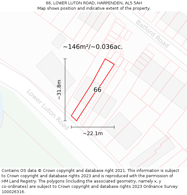 66, LOWER LUTON ROAD, HARPENDEN, AL5 5AH: Plot and title map