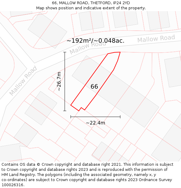 66, MALLOW ROAD, THETFORD, IP24 2YD: Plot and title map