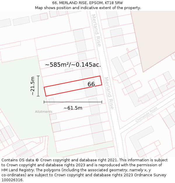66, MERLAND RISE, EPSOM, KT18 5RW: Plot and title map