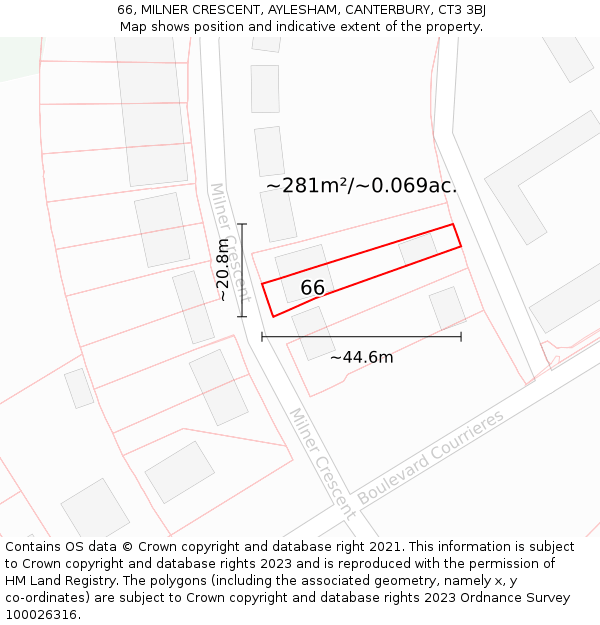 66, MILNER CRESCENT, AYLESHAM, CANTERBURY, CT3 3BJ: Plot and title map