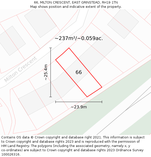 66, MILTON CRESCENT, EAST GRINSTEAD, RH19 1TN: Plot and title map