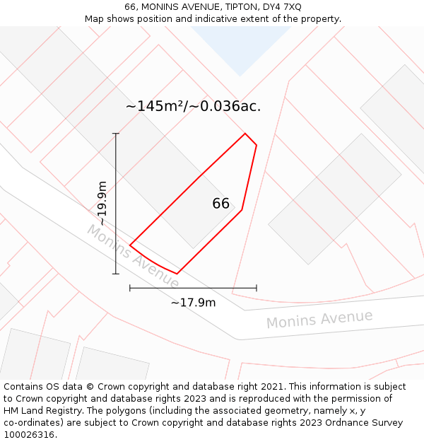 66, MONINS AVENUE, TIPTON, DY4 7XQ: Plot and title map