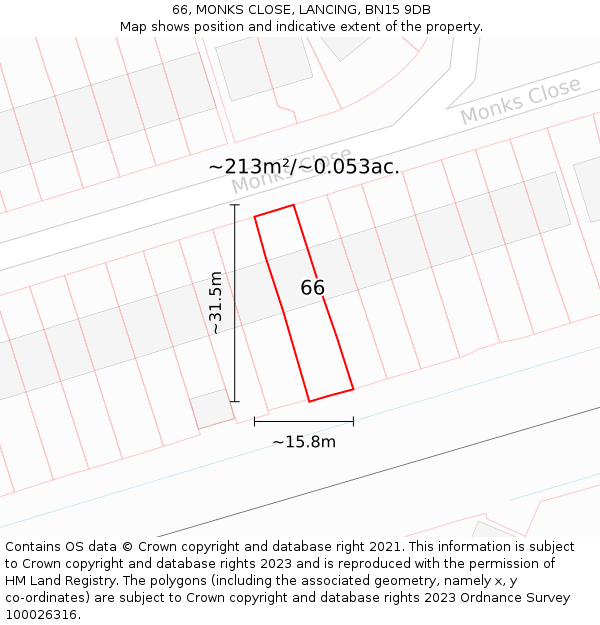 66, MONKS CLOSE, LANCING, BN15 9DB: Plot and title map