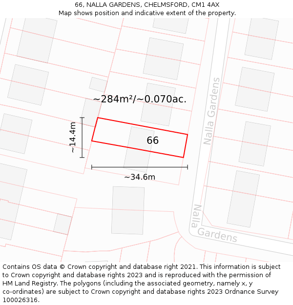 66, NALLA GARDENS, CHELMSFORD, CM1 4AX: Plot and title map