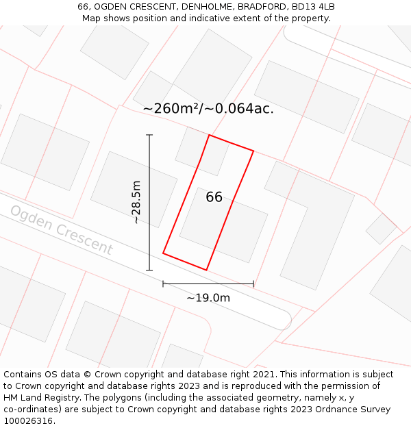 66, OGDEN CRESCENT, DENHOLME, BRADFORD, BD13 4LB: Plot and title map
