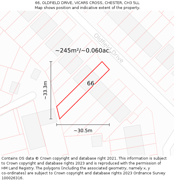 66, OLDFIELD DRIVE, VICARS CROSS, CHESTER, CH3 5LL: Plot and title map