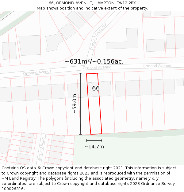 66, ORMOND AVENUE, HAMPTON, TW12 2RX: Plot and title map