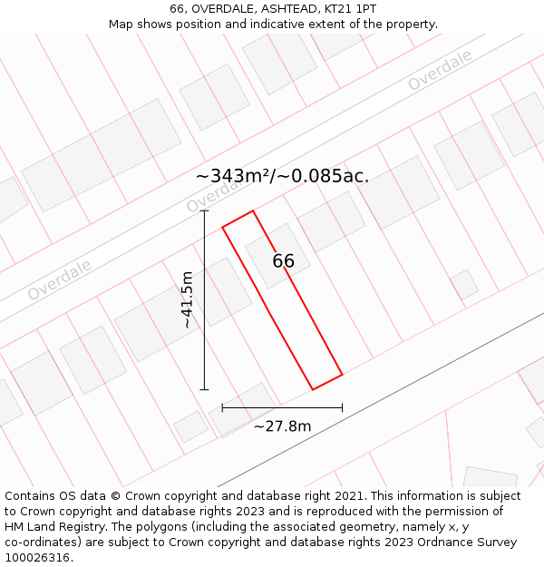 66, OVERDALE, ASHTEAD, KT21 1PT: Plot and title map