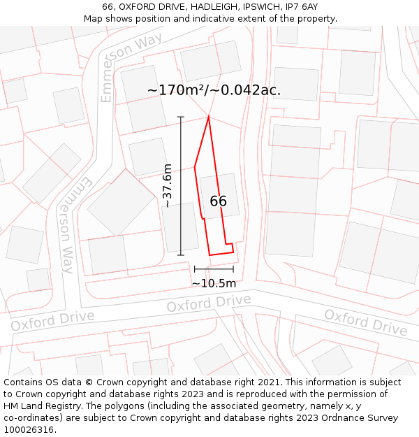 66, OXFORD DRIVE, HADLEIGH, IPSWICH, IP7 6AY: Plot and title map