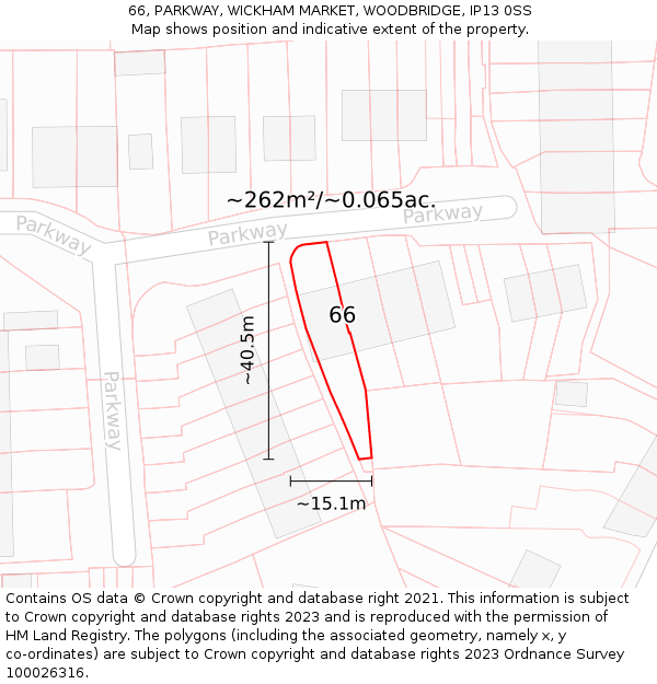 66, PARKWAY, WICKHAM MARKET, WOODBRIDGE, IP13 0SS: Plot and title map