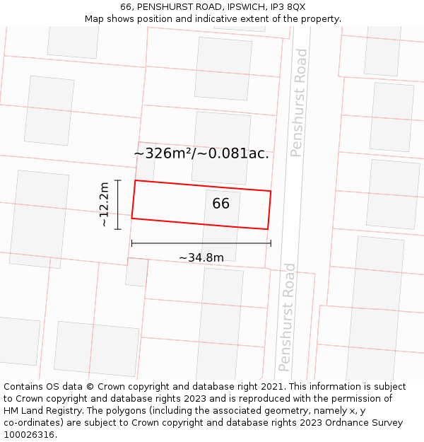 66, PENSHURST ROAD, IPSWICH, IP3 8QX: Plot and title map