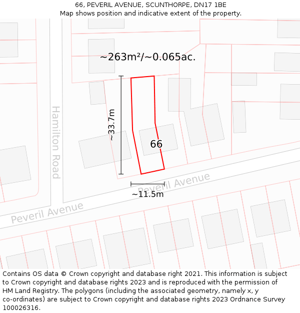 66, PEVERIL AVENUE, SCUNTHORPE, DN17 1BE: Plot and title map