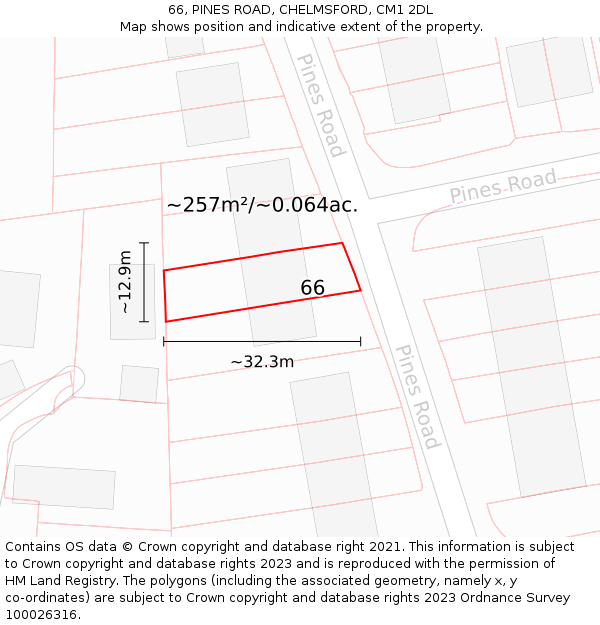 66, PINES ROAD, CHELMSFORD, CM1 2DL: Plot and title map