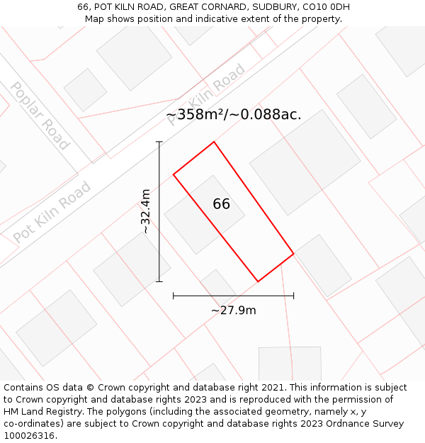 66, POT KILN ROAD, GREAT CORNARD, SUDBURY, CO10 0DH: Plot and title map