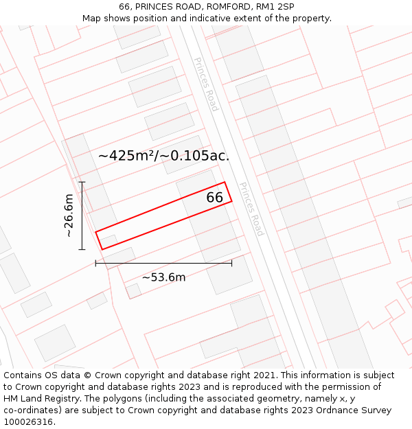 66, PRINCES ROAD, ROMFORD, RM1 2SP: Plot and title map