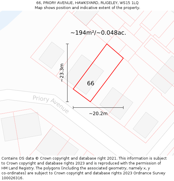 66, PRIORY AVENUE, HAWKSYARD, RUGELEY, WS15 1LQ: Plot and title map