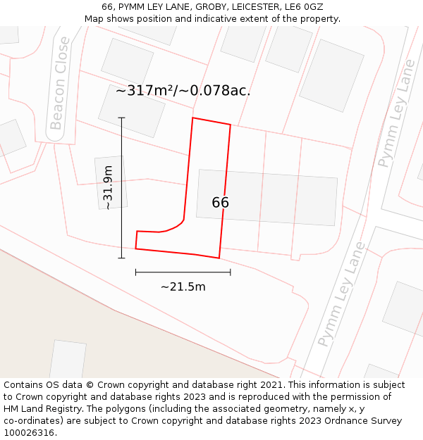66, PYMM LEY LANE, GROBY, LEICESTER, LE6 0GZ: Plot and title map