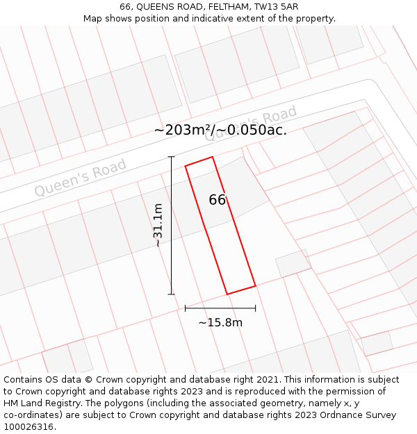 66, QUEENS ROAD, FELTHAM, TW13 5AR: Plot and title map
