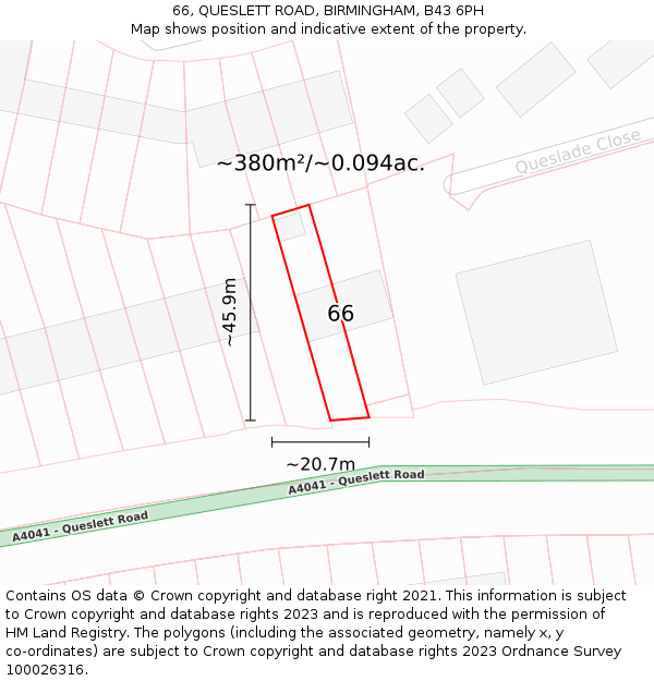 66, QUESLETT ROAD, BIRMINGHAM, B43 6PH: Plot and title map