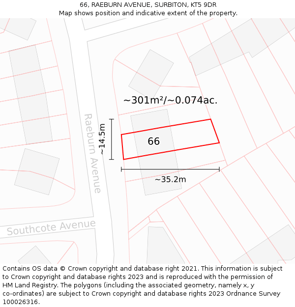 66, RAEBURN AVENUE, SURBITON, KT5 9DR: Plot and title map