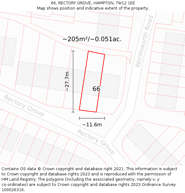66, RECTORY GROVE, HAMPTON, TW12 1EE: Plot and title map