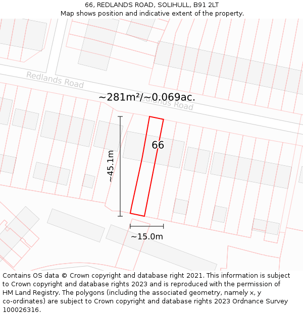 66, REDLANDS ROAD, SOLIHULL, B91 2LT: Plot and title map