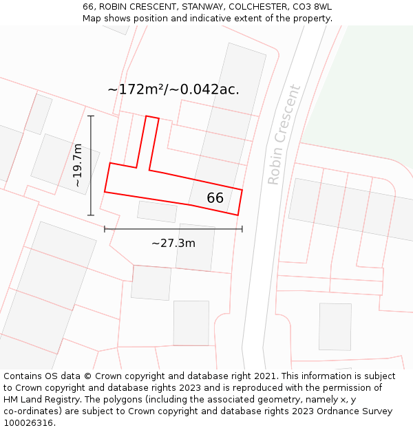 66, ROBIN CRESCENT, STANWAY, COLCHESTER, CO3 8WL: Plot and title map