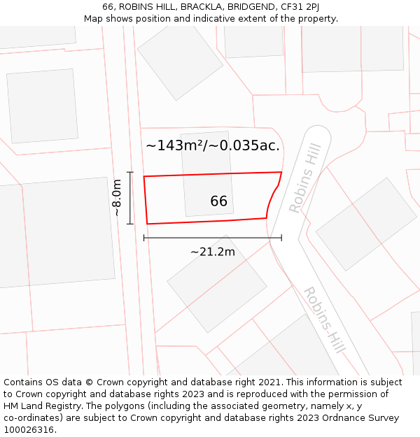 66, ROBINS HILL, BRACKLA, BRIDGEND, CF31 2PJ: Plot and title map