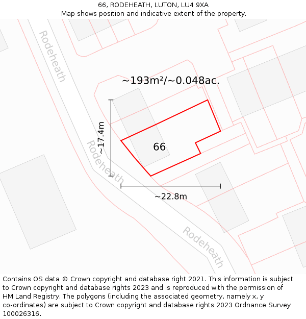 66, RODEHEATH, LUTON, LU4 9XA: Plot and title map
