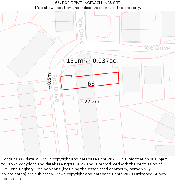 66, ROE DRIVE, NORWICH, NR5 8BT: Plot and title map