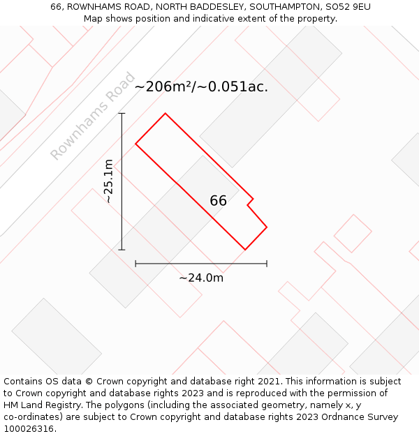 66, ROWNHAMS ROAD, NORTH BADDESLEY, SOUTHAMPTON, SO52 9EU: Plot and title map