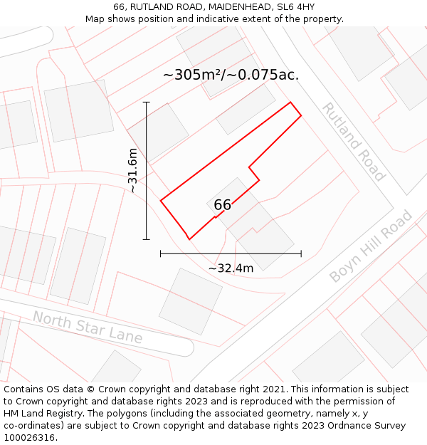 66, RUTLAND ROAD, MAIDENHEAD, SL6 4HY: Plot and title map