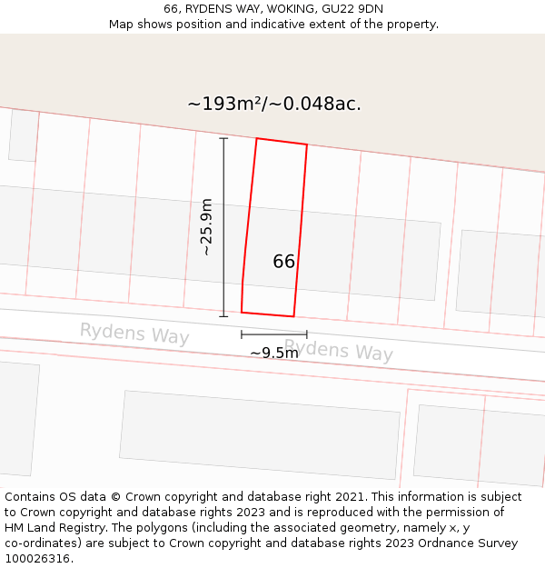 66, RYDENS WAY, WOKING, GU22 9DN: Plot and title map
