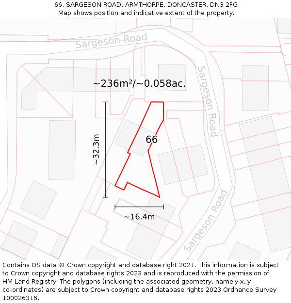66, SARGESON ROAD, ARMTHORPE, DONCASTER, DN3 2FG: Plot and title map