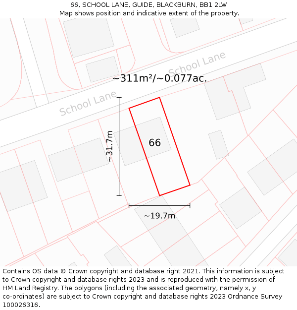 66, SCHOOL LANE, GUIDE, BLACKBURN, BB1 2LW: Plot and title map