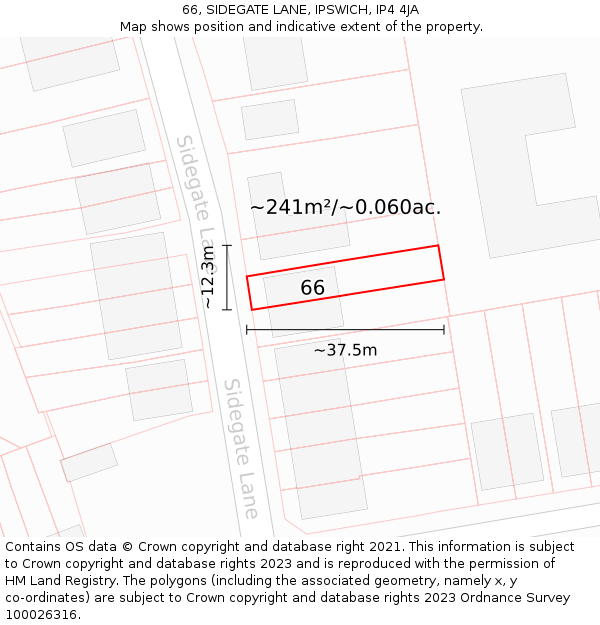 66, SIDEGATE LANE, IPSWICH, IP4 4JA: Plot and title map