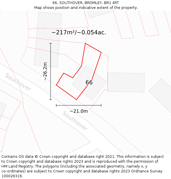 66, SOUTHOVER, BROMLEY, BR1 4RT: Plot and title map