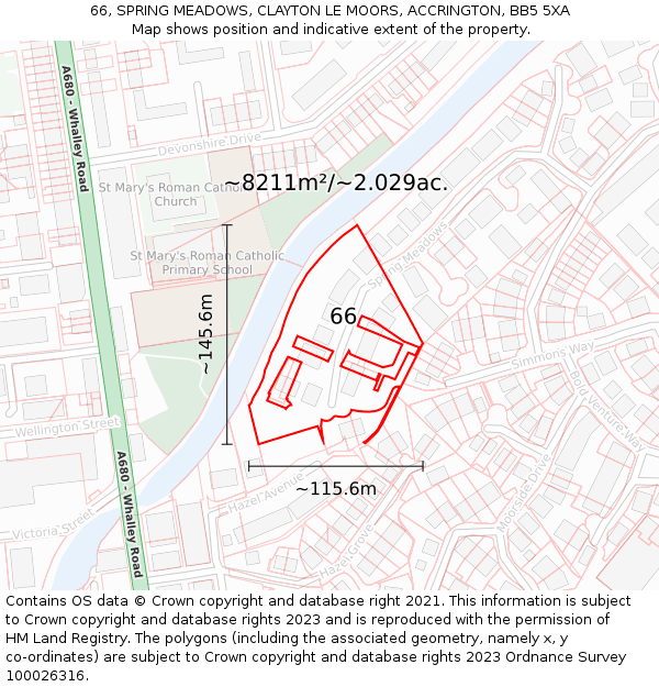 66, SPRING MEADOWS, CLAYTON LE MOORS, ACCRINGTON, BB5 5XA: Plot and title map