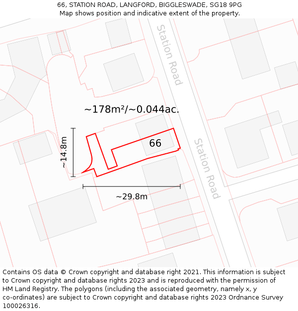 66, STATION ROAD, LANGFORD, BIGGLESWADE, SG18 9PG: Plot and title map