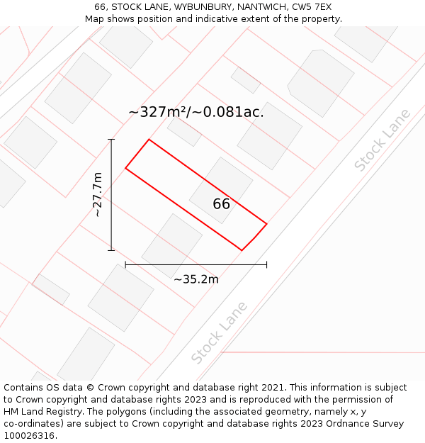 66, STOCK LANE, WYBUNBURY, NANTWICH, CW5 7EX: Plot and title map